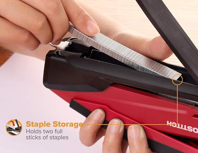 Bostitch Executive 3 in 1 Stapler, Includes 210 Staples and Integrated Staple Remover, One Finger Stapling, No Effort, 20 Sheet Capacity, Spring Powered Stapler, Red