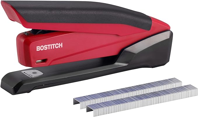 Bostitch Executive 3 in 1 Stapler, Includes 210 Staples and Integrated Staple Remover, One Finger Stapling, No Effort, 20 Sheet Capacity, Spring Powered Stapler, Red