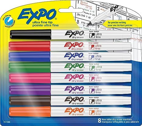 EXPO Low Odor Dry Erase Markers, Ultra-Fine Tip, Assorted Colors, 8 Pack