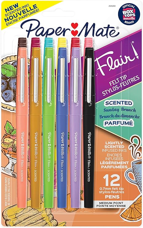 Paper Mate Flair, Scented Felt Tip Pens, Assorted Sunday Brunch Scents and Colors, 0.7mm, 12 Count