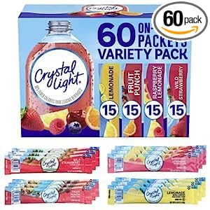 Crystal Light On-The-Go Powdered Drink Mix Variety Pack - lemonade, fruit punch, raspberry lemonade & wild strawberry - By Obanic (60 Count)