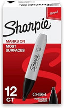 Load image into Gallery viewer, Sharpie Chisel Tip Permanent Markers; Proudly Permanent Ink Marks On Paper, Plastic, Metal, and Most Other Surfaces; Remarkably Resilient Ink Dries Quickly and Resists; Black; Pack of 12 (38201)