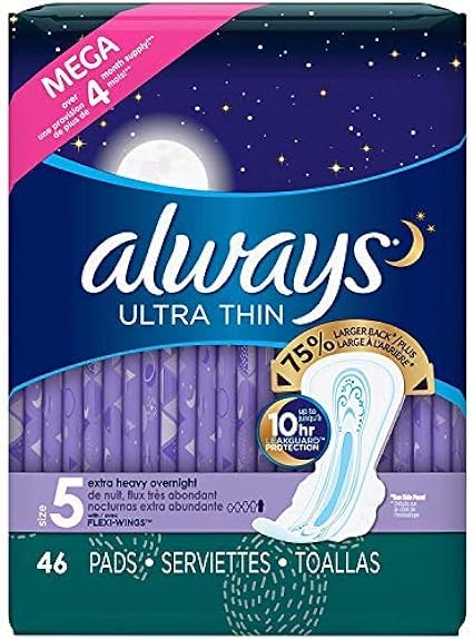 Always Ultra Thin Size 5 Extra Heavy Overnight, Unscented, 46 Pads