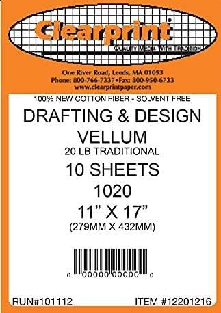 Clearprint 1020H Design Vellum Sheets, 20 lb., 100% Cotton, 24 x 36 Inches, 10 Sheets Per Pack, Translucent White, 1 Each (12201228)
