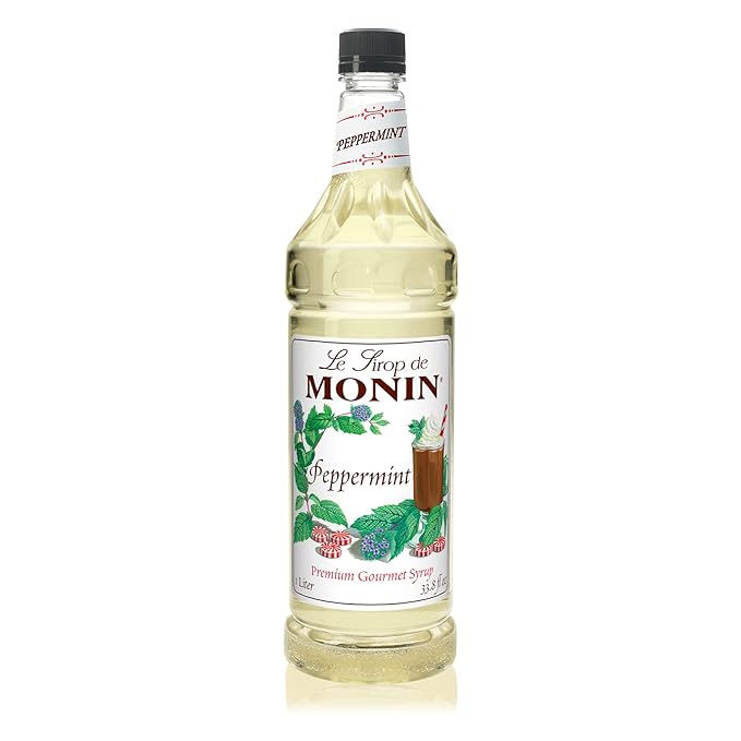 Monin - Peppermint Syrup, Cool Tingle of Candy Cane, Natural Flavors, Great for Cocoas, Mochas, Smoothies, and Sodas, Non-GMO, Gluten-Free (1 Liter)