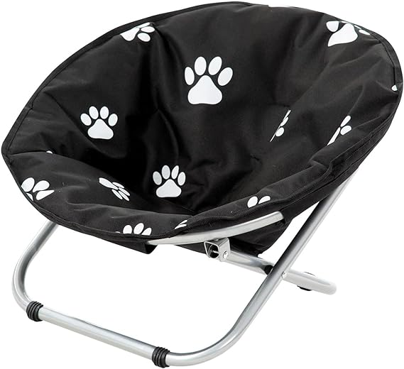Etna Folding Pet Cot Chair - Portable Round Fold Out Elevated Cat Bed, Black and White Water Resistant Paw Print Cushion, Papsan Chair for Small Dogs