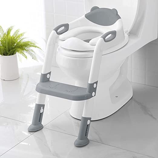 Potty Training Seat with Step Stool Ladder,SKYROKU Potty Training Toilet for Kids Boys Girls Toddlers-Comfortable Safe Potty Seat with Anti-Slip Pads Ladder (Grey)