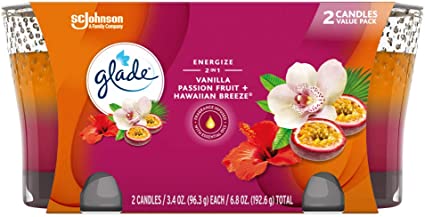 Glade Candle Jar, Air Freshener, 2in1, Hawaiian Breeze & Vanilla Passion Fruit, 3.4 Oz, 2 Count