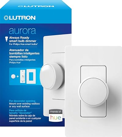 Lutron Aurora Smart Bulb Dimmer Switch for Paddle Switches | for Philips Hue Smart Bulbs | Z3-1BRL-PKGD-WH | White