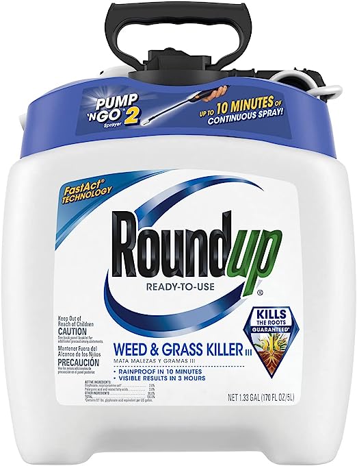 Roundup Ready-To-Use Weed & Grass Killer III -- with Pump 'N Go 2 Sprayer, Use in & Around Vegetable Gardens, Tree Rings, Flower Beds, Patios & More, Kills to the Root, 1.33 gal.