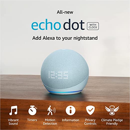 All-New Echo Dot (5th Gen, 2022 release) with clock | Smart speaker with clock and Alexa | Cloud Blue