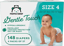 Load image into Gallery viewer, Amazon Brand - Mama Bear Gentle Touch Diapers, Hypoallergenic, Size 4, 148 Count (4 packs of 37)