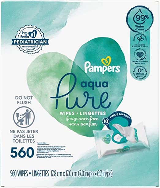 Pampers Aqua Pure Sensitive Baby Wipes 10X Pop-Top 560 Count