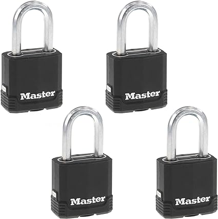 Master Lock Outdoor Key Lock, Heavy Duty Weatherproof Padlock with Cover, Keyed Alike Padlocks for Outdoor Use, 4 Pack, M115XQLF, Black