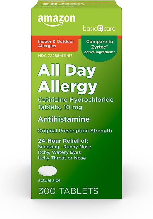 Amazon Basic Care All Day Allergy, Cetirizine Hydrochloride Tablets, 10 mg, Antihistamine, 300 Count
