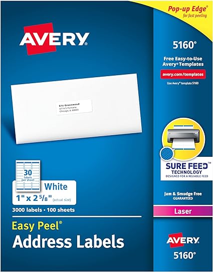Avery 5160 Easy Peel Address Labels , White, 1 x 2-5/8 Inch, 3,000 Count (Pack of 1)
