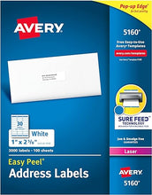Load image into Gallery viewer, Avery 5160 Easy Peel Address Labels , White, 1 x 2-5/8 Inch, 3,000 Count (Pack of 1)