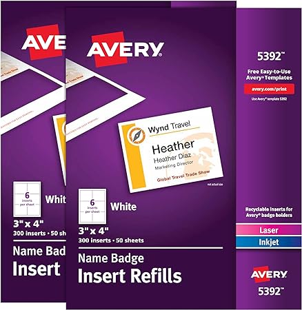 Avery Name Badge Inserts, 3" x 4", Print or Write, Laser/Inkjet, 2-Pack, 300 Inserts Per Pack, 600 Badge Inserts Total (35392)