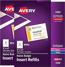 Load image into Gallery viewer, Avery Name Badge Inserts, 3&quot; x 4&quot;, Print or Write, Laser/Inkjet, 2-Pack, 300 Inserts Per Pack, 600 Badge Inserts Total (35392)