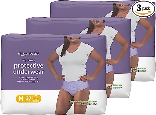 Amazon Basics Incontinence & Postpartum Underwear for Women, Maximum Absorbency, Medium (60 Count) - 20 Count (Pack of 3) (Previously Solimo)
