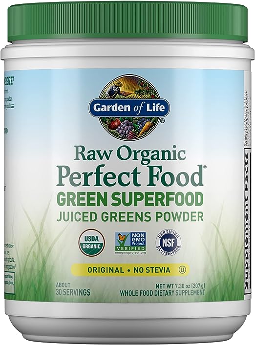 Garden of Life Raw Organic Perfect Food Green Superfood Juiced Greens Powder - Original Stevia-Free, 30 Servings, Non-GMO, Gluten Free Whole Food Dietary Supplement, Alkalize, Detoxify, Energize