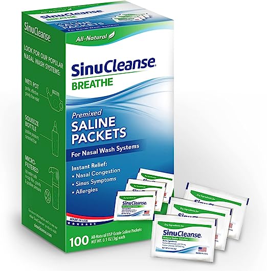 SinuCleanse Pre-Mixed Saline Packets for Nasal Wash Irrigation Systems, 100 Count-All-Natural, Pharmaceutical Grade, and PH Balanced