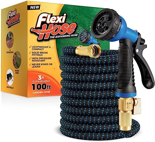 Flexi Hose with 8 Function Nozzle Expandable Garden Hose, Lightweight & No-Kink Flexible Garden Hose, 3/4 inch Solid Brass Fittings and Double Latex Core, 100 ft Blue Black