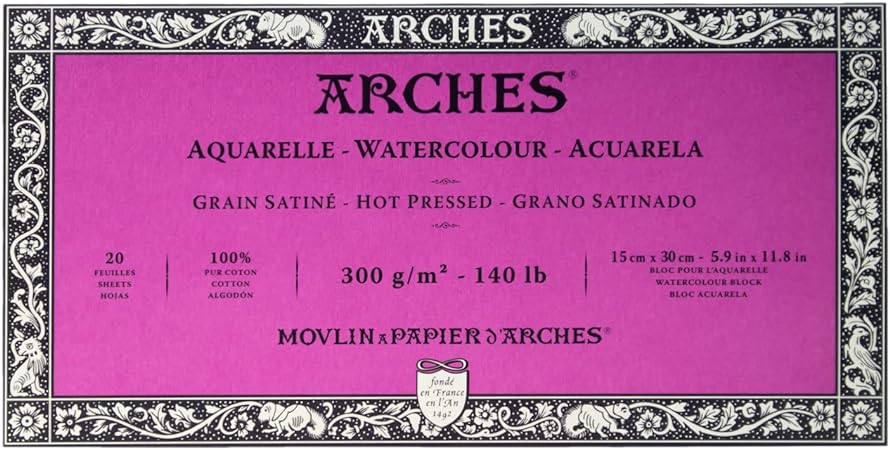 Arches Watercolor Block 5.9x11.8-inch Natural White 100% Cotton Paper - 20 Sheets of 140 lb Arches Hot Press Watercolor Paper - Arches Art Paper for Watercolor Gouache Ink Acrylic and More