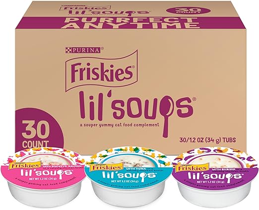 Purina Friskies Grain Free Wet Cat Food Complement Variety Pack, Lil' Soups With Salmon, Tuna or Shrimp - (30) 1.2 oz. Cups