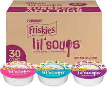 Load image into Gallery viewer, Purina Friskies Grain Free Wet Cat Food Complement Variety Pack, Lil&#39; Soups With Salmon, Tuna or Shrimp - (30) 1.2 oz. Cups