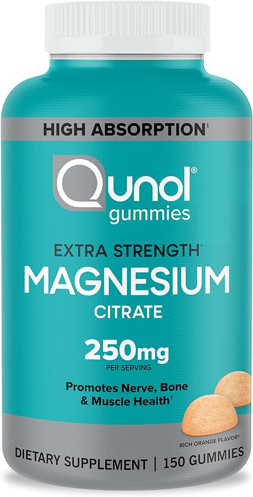 Qunol Magnesium Citrate Gummies for Adults, 250mg Magnesium Gummies Extra Strength 250mg, High Absorption Magnesium Supplement, Supports Nerve Health, Bone Health, Muscle Health, Vegetarian, 150 Count