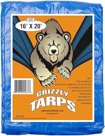Grizzly Tarps by B-Air 16' x 20' Large Multi-Purpose Waterproof Heavy Duty Poly Tarp with Grommets Every 36", 8x8 Weave, 5 Mil Thick, for Home, Boats, Cars, Camping, Protective Cover, Blue