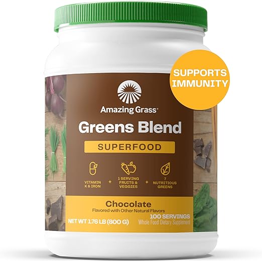 Amazing Grass Greens Blend Superfood: Super Greens Powder Smoothie Mix with Organic Spirulina, Beet Root Powder, Chlorella, Prebiotics & Probiotics, Chocolate, 100 Servings (Packaging May Vary)