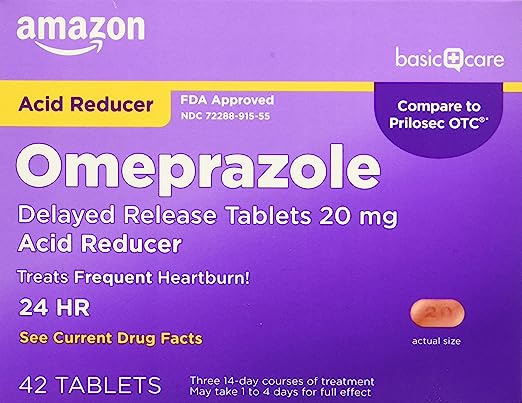 Amazon Basic Care Omeprazole Delayed Release Tablets 20 mg, Acid Reducer, Treats Frequent Heartburn, 42 Count (Pack of 1)