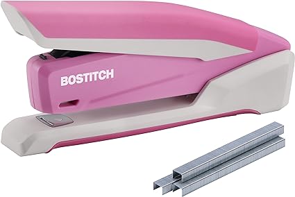 Bostitch Office InPower Spring-Powered Desktop Stapler, 20 Sheet Capacity, One Finger Stapling, Includes 210 Staples, Jam Free, Opens for Tacking, Breast Cancer Awareness Pink