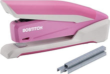 Load image into Gallery viewer, Bostitch Office InPower Spring-Powered Desktop Stapler, 20 Sheet Capacity, One Finger Stapling, Includes 210 Staples, Jam Free, Opens for Tacking, Breast Cancer Awareness Pink