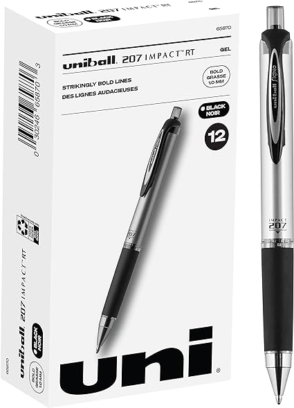 Uniball Signo 207 Impact RT Retractable Gel Pen, 12 Black Pens, 1.0mm Bold Point Gel Pens| Office Supplies by Uni-ball like Ink Pens, Colored Pens, Fine Point, Smooth Writing Pens, Ballpoint Pens