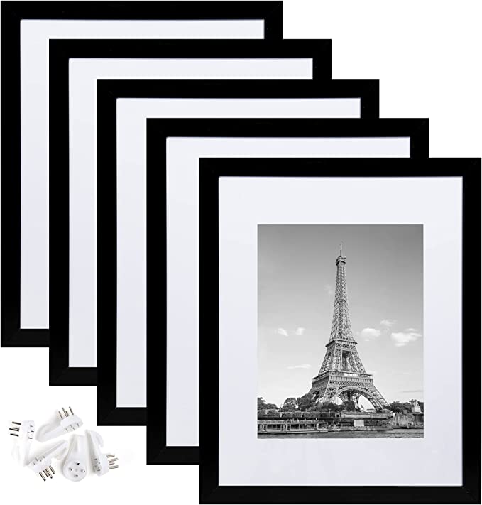 upsimples 11x14 Picture Frame Set of 5, Display Pictures 8x10 with Mat or 11x14 Without Mat, Wall Gallery Photo Frames, Black