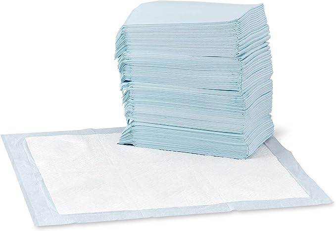 Amazon Basics Dog and Puppy Pee Pads with Leak-Proof Quick-Dry Design for Potty Training, Standard Absorbency, Regular Size, 22 x 22 Inches - Pack of 100