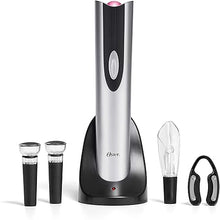 Load image into Gallery viewer, Oster Electric Wine Opener, Foil Cutter, Wine Pourer and Vacuum Wine Stoppers with CorkScrew and Charging Base, Black