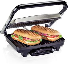 Load image into Gallery viewer, Hamilton Beach Panini Press, Sandwich Maker &amp; Electric Indoor Grill, Upright Storage, Nonstick Easy Clean Grids, Stainless Steel (25410)