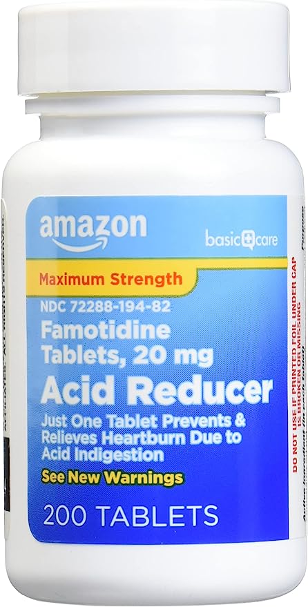 Amazon Basic Care Maximum Strength Famotidine Tablets 20 mg, Acid Reducer for Heartburn Relief, 200 Count ( pack of 1)