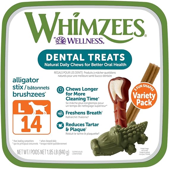 WHIMZEES by Wellness Large Dental Chews Variety Box: All-Natural, Grain-Free, Long Lasting Treats with Grooved Design for Improved Cleaning – Freshens Breath & Reduces Plaque, 14 Count