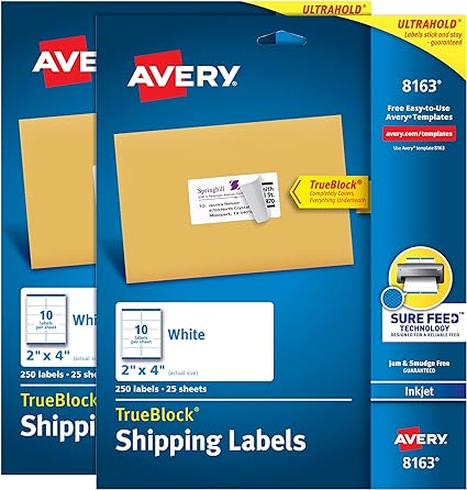 Avery Shipping Labels with TrueBlock, 2" x 4" Blank Labels, Inkjet Printable Labels, Pack of 250, 2 Packs, 500 Labels Total (8163)