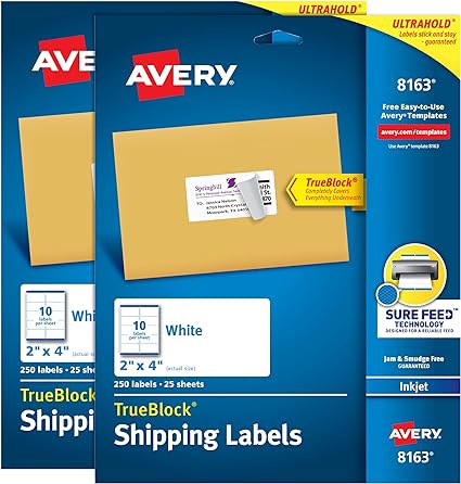 Avery Shipping Labels with TrueBlock, 2" x 4" Blank Labels, Inkjet Printable Labels, Pack of 250, 2 Packs, 500 Labels Total (8163)