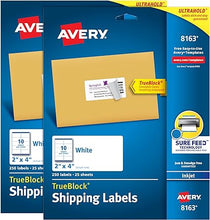 Load image into Gallery viewer, Avery Shipping Labels with TrueBlock, 2&quot; x 4&quot; Blank Labels, Inkjet Printable Labels, Pack of 250, 2 Packs, 500 Labels Total (8163)