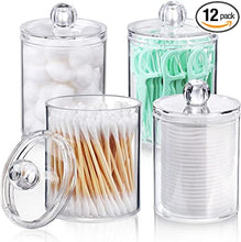 Load image into Gallery viewer, 4 PACK Qtip Holder Dispenser for Cotton Ball, Cotton Swab, Cotton Round Pads, Floss Picks - 10 oz Clear Plastic Apothecary Jar Set for Bathroom Canister Storage Organization, Vanity Makeup Organizer