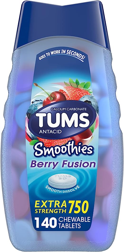 TUMS Smoothies Extra Strength Antacid Tablets for Chewable Heartburn Relief and Acid Indigestion Relief, Berry Fusion - 140 Count