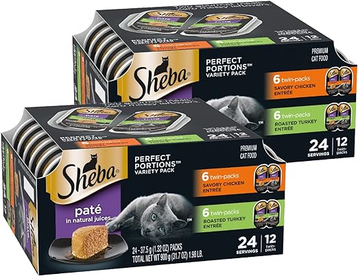 SHEBA PERFECT PORTIONS Paté Adult Wet Cat Food Trays (24 Count, 48 Servings), Savory Chicken and Roasted Turkey Entrée, Easy Peel Twin-Pack Trays