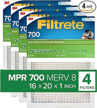Load image into Gallery viewer, Filtrete 16x20x1 Air Filter, MPR 700, MERV 8, Clean Living Dust, Pollen and Pet Dander Reduction 3-Month Pleated 1-Inch Air Filters, 4 Filters